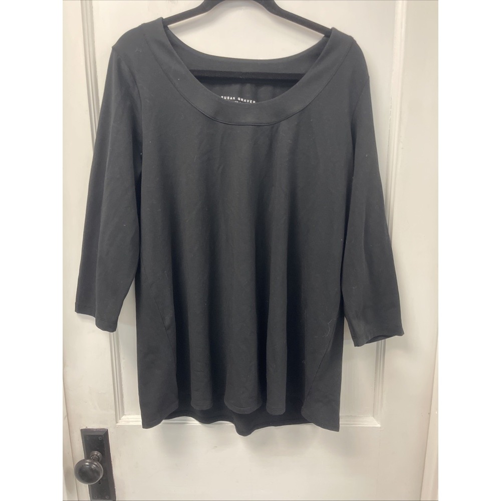 Susan Graver Every Day Shirt Size Large 3/4 Sleeve Black